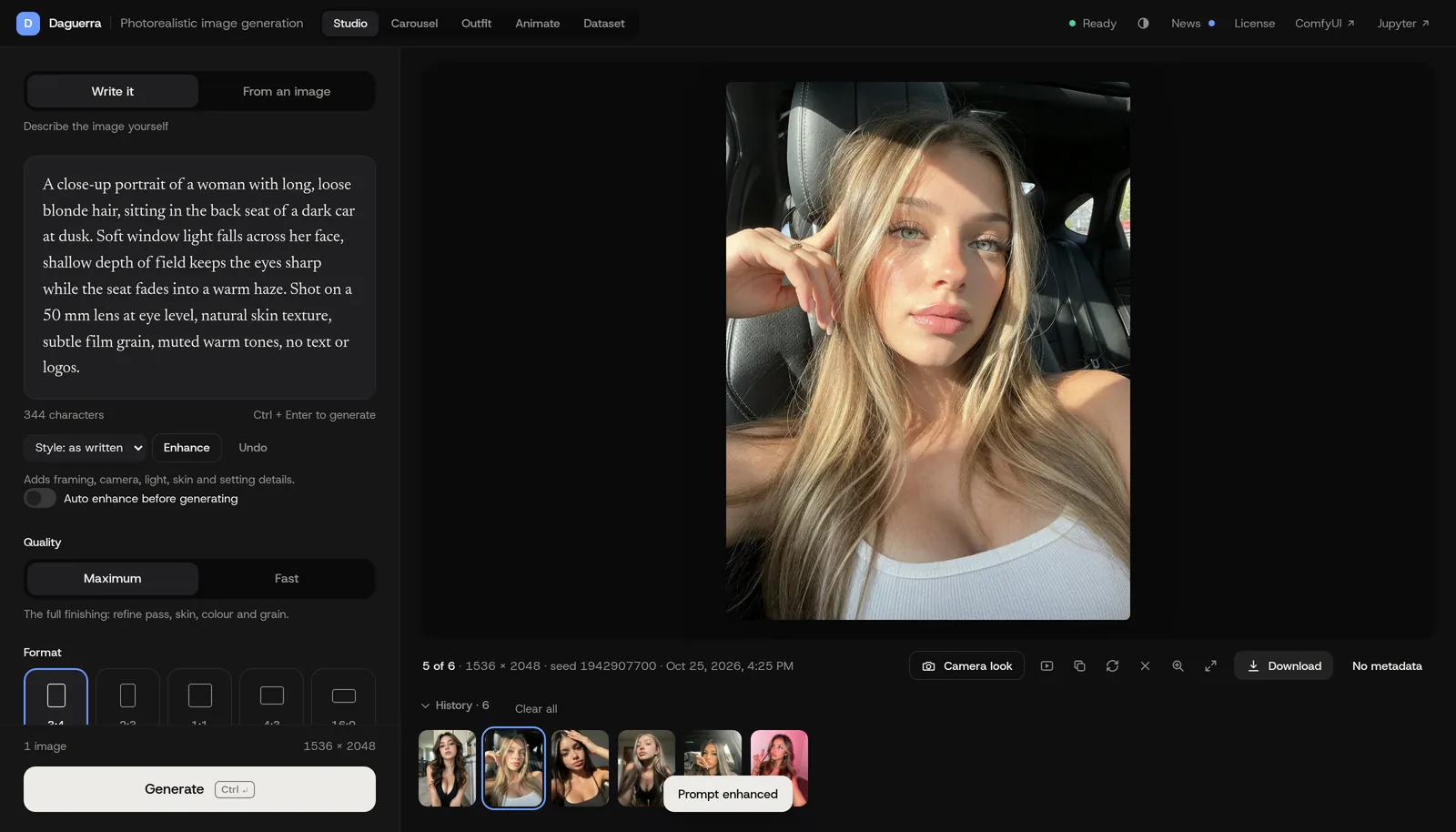La zone de prompt après un appui sur Enhance : un prompt court est devenu une description plus longue du cadrage, de l’appareil, de la lumière et de la peau, avec les boutons Enhance et Undo en dessous.