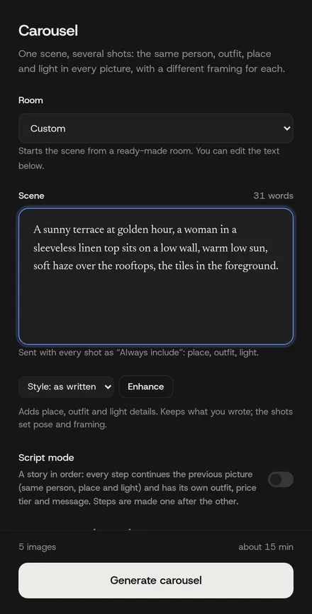 Le panneau de réglages Carousel : un choix de pièce, une zone de texte pour la scène avec un compteur de mots et un bouton Enhance, un interrupteur Script mode et un bouton Generate carousel.