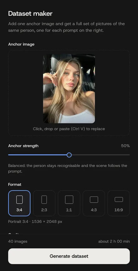 Le panneau de réglages Dataset maker : une zone d’image d’ancrage avec un portrait, un curseur de force de l’ancrage à 50 %, un choix de format, un choix de qualité Fast ou Maximum et un bouton Generate dataset.