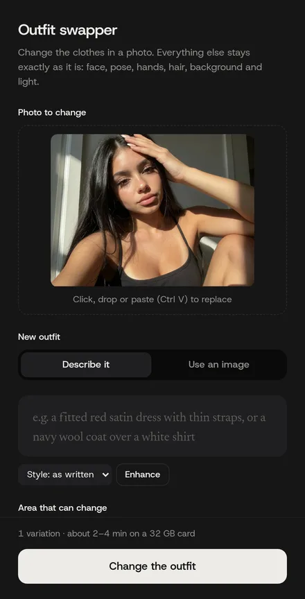 Le panneau de réglages Outfit swapper : une zone photo avec un portrait, un choix Describe it ou Use an image et une zone de texte pour la nouvelle tenue.